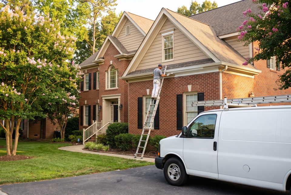 A painter on an extension ladder brushing white trim on a two-story brick house with a crepe myrtle in the yard