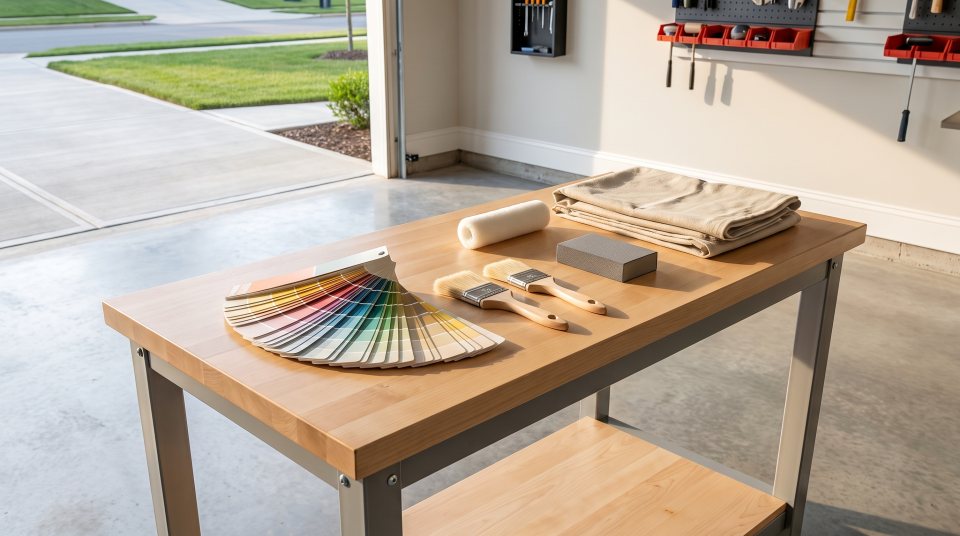 A tidy garage workbench with a paint color deck, two clean brushes, a roller sleeve and a folded drop cloth in morning light