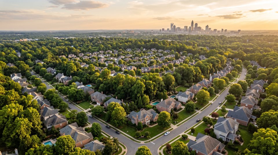 An aerial view over a leafy North Carolina suburb at golden hour, with rooftops among mature trees and a city skyline faint on the horizon