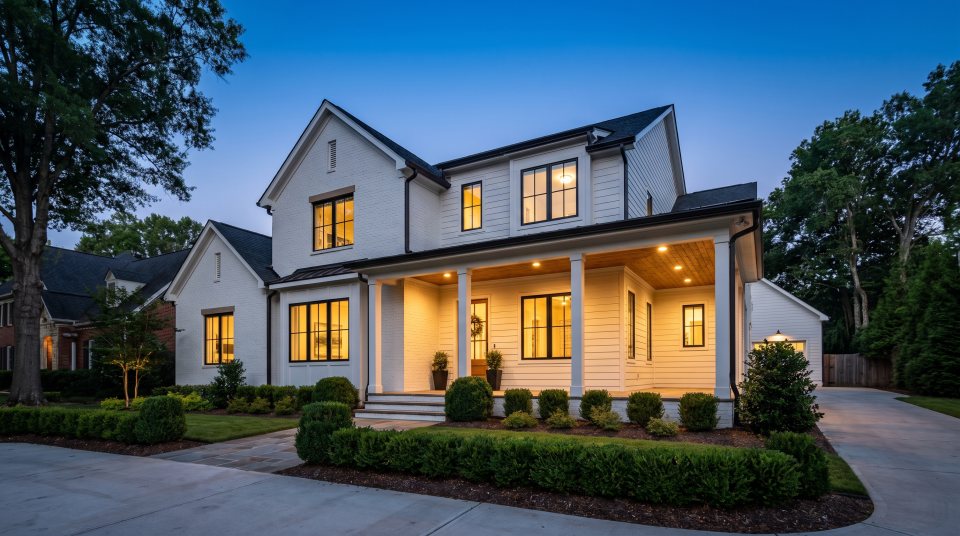 A modern farmhouse style home in an established south Charlotte neighborhood at dusk, with white painted brick, black window frames and a lit covered porch