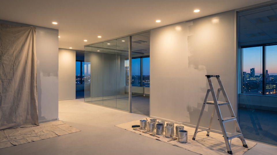 A modern open-plan office being repainted after hours, with glass partitions, drop cloths, a row of paint cans and a step ladder