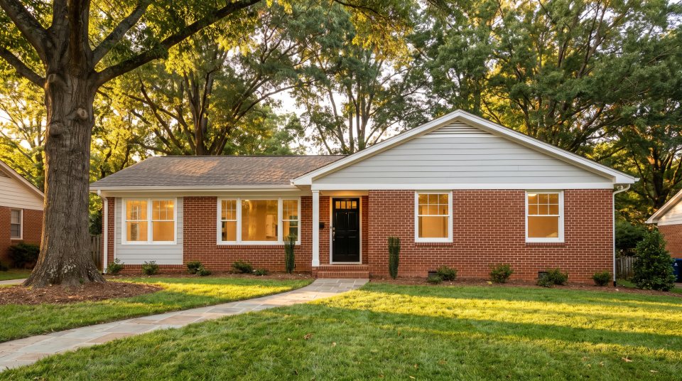 A 1960s brick ranch house updated with fresh white painted trim, a black front door and new siding in the gable, under mature oak trees