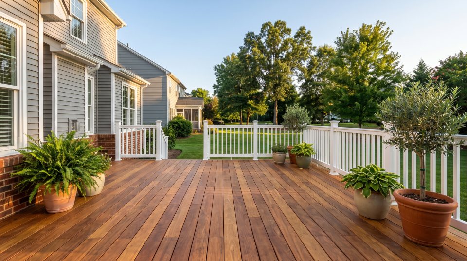 A freshly finished backyard deck in afternoon light, with richly stained timber boards, painted white railings and potted plants