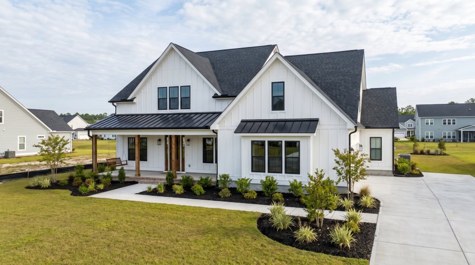 A newly built modern farmhouse in a South Carolina neighborhood, with white board and batten siding, a deep front porch and young landscaping