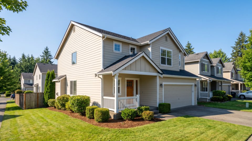 A two-story suburban home from the early 2000s with freshly painted fiber cement siding, white trim and a small covered entry, on a tidy street of similar houses in bright morning light
