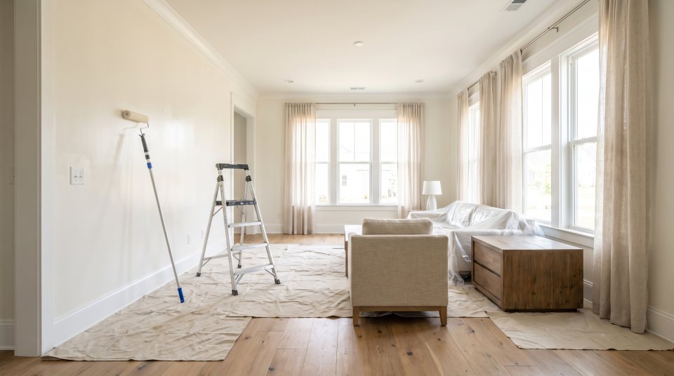 A bright living room part-way through a repaint, with one wall freshly rolled, canvas drop cloths over the floor and a roller resting against a step ladder