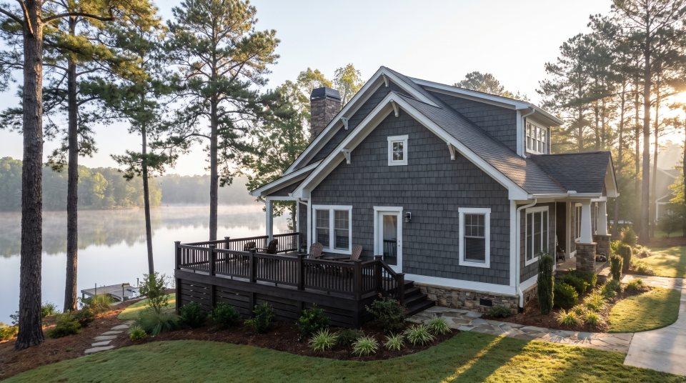 A lakeside craftsman style home with gray painted shingle siding, white trim and a wide stained deck overlooking calm water, with tall pines on either side in morning light