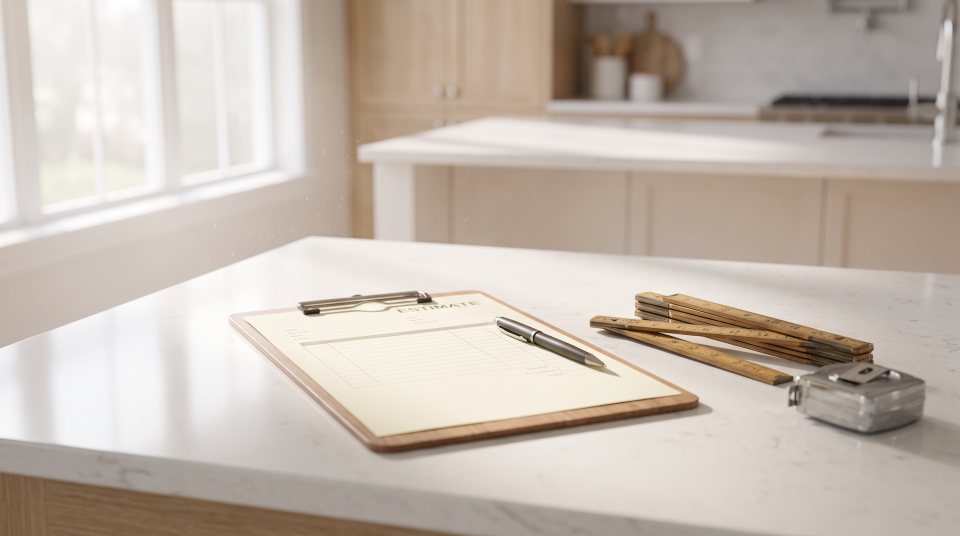 A clipboard holding a written estimate and a pen on a clean kitchen counter, beside a folding ruler and a tape measure