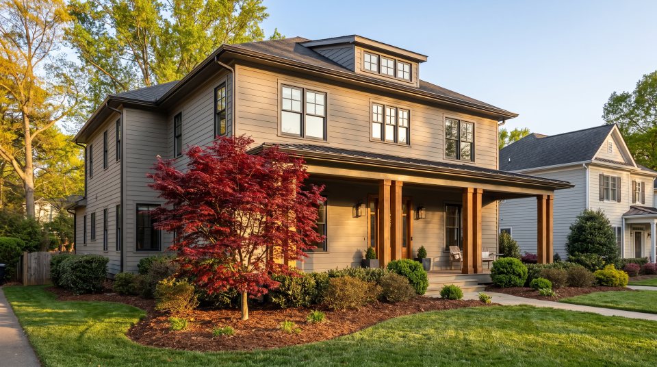 A transitional two-story home in a mature North Carolina neighborhood at golden hour, with painted siding, black window frames and a covered front porch