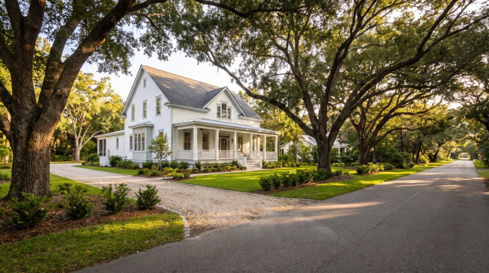 A white two-story Southern farmhouse with a full-width front porch and freshly painted trim, set back from a quiet road under mature oak trees in late afternoon light