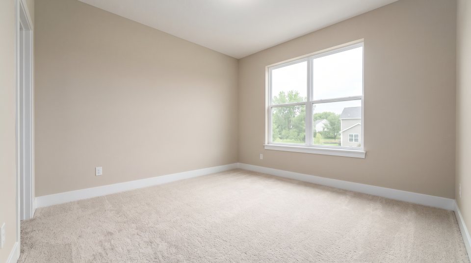 An empty new-construction bedroom with bare builder-beige walls, white trim, new carpet and an uncovered window