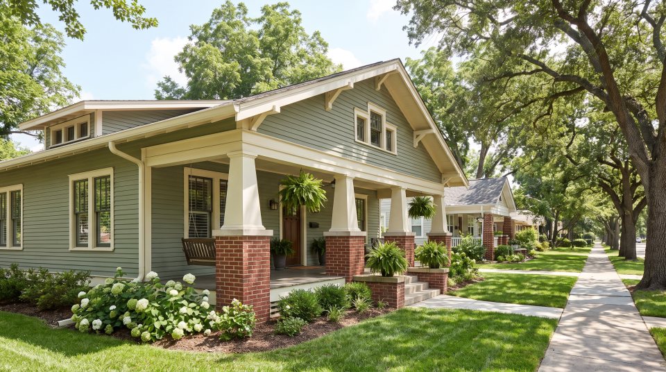 A restored early twentieth century bungalow with a deep front porch, tapered columns on brick piers and freshly painted sage green siding with cream trim, on a tree-lined street
