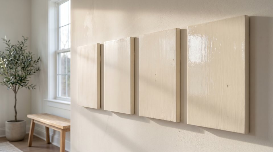 Four painted panels side by side in raking daylight, showing the difference in reflection from dead flat through to gloss enamel