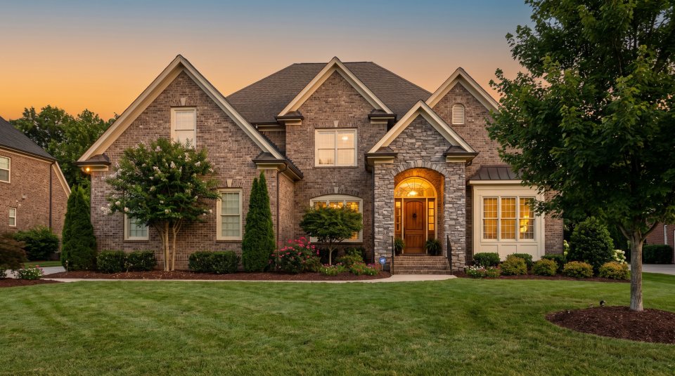 A large brick and stone two-story home with a stained wood front door, arched entry and freshly painted cream trim, on a wide landscaped lot in warm evening light