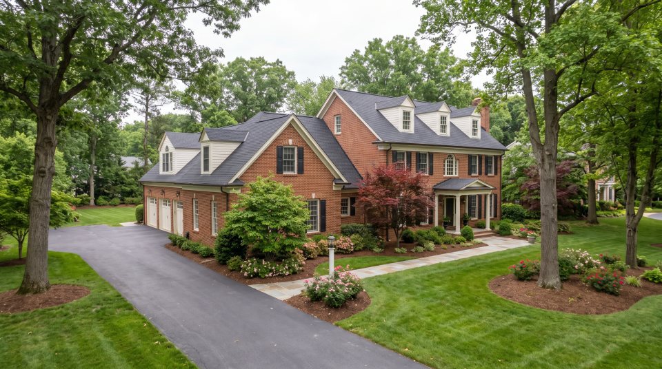 A large traditional brick home on a wide wooded lot with white painted trim, dormer windows, a side-entry garage and a long driveway, under soft overcast daylight