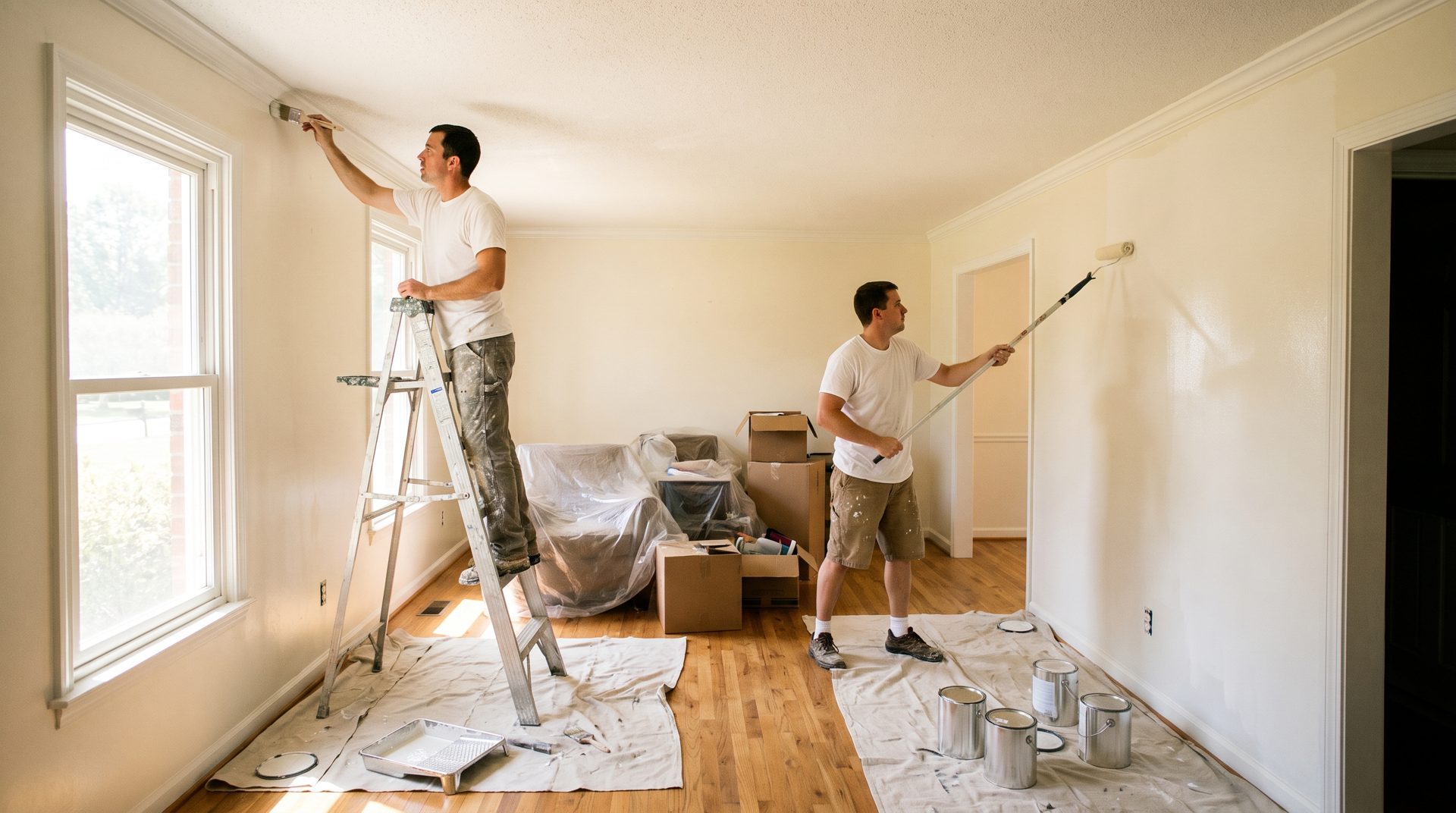 A two-man painting crew at work in a sunlit living room: one cutting in at the ceiling from a stepladder, one rolling a fresh coat onto the wall