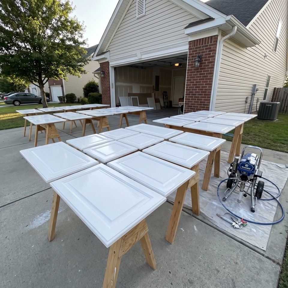 Kitchen cabinet doors on sawhorses in a driveway, freshly sprayed white