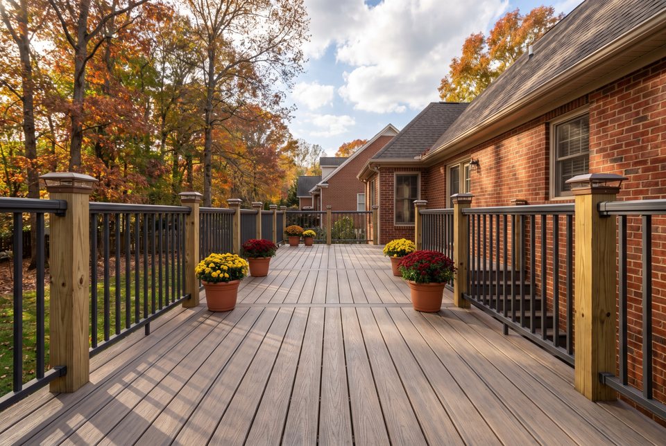 A finished composite deck with black aluminum railings on a brick house
