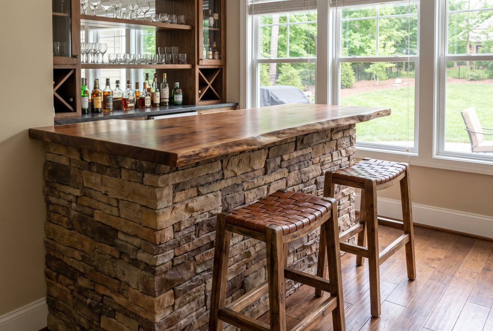A home bar with a stacked-stone face and a live-edge wood top