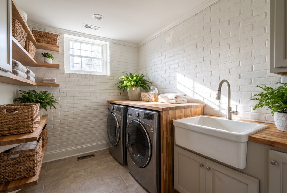A finished basement laundry with a butcher-block counter and utility sink