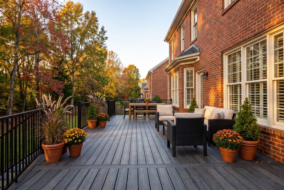 A composite deck with black metal railings and outdoor furniture
