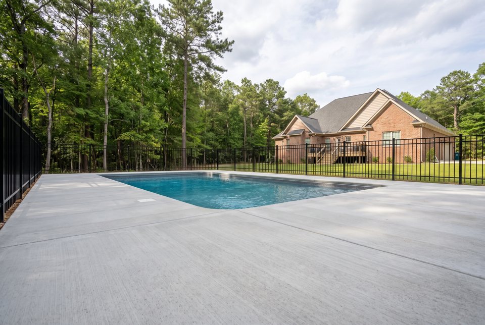 A new poured concrete pool deck around a backyard pool