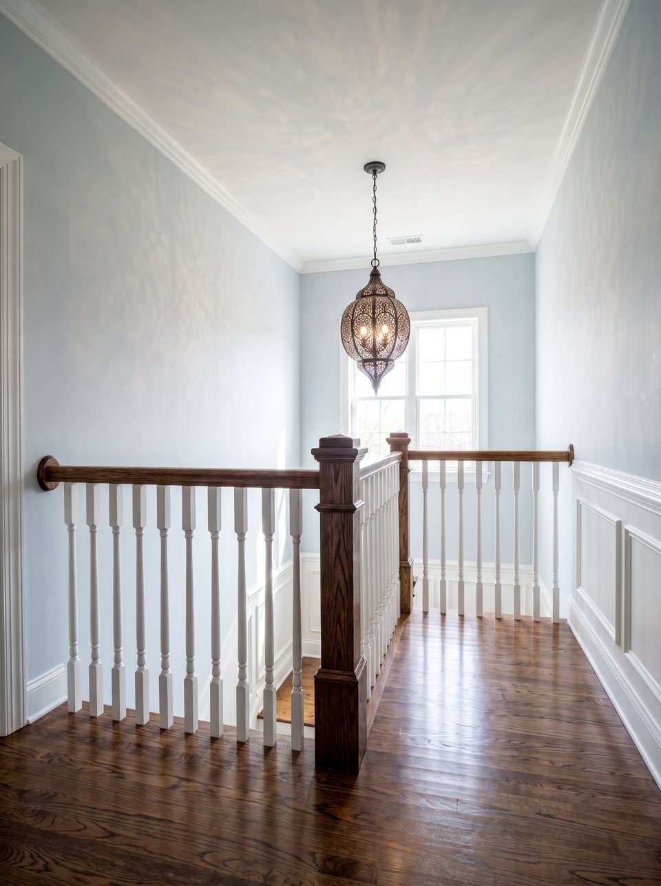 An upstairs landing with white balusters, a stained handrail and freshly painted walls