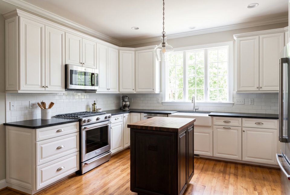 A remodeled kitchen with white refinished cabinets, black granite counters, subway-tile backsplash and a glass pendant over the island