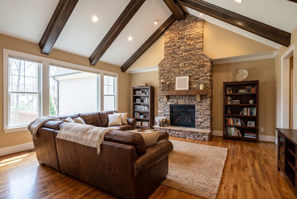 A living room with a vaulted beamed ceiling and a stacked-stone fireplace