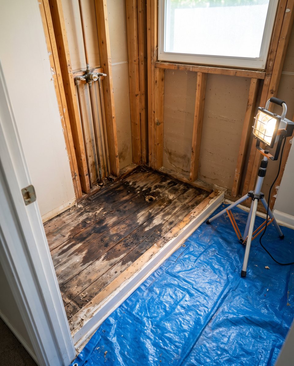 A bathroom stripped to the studs with the old shower pan cut out and rot exposed