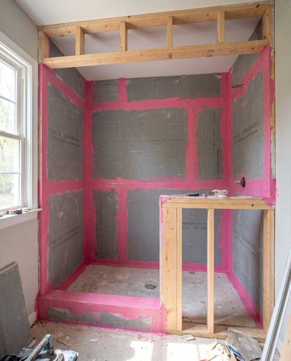 A shower framed in cement board with the seams waterproofed