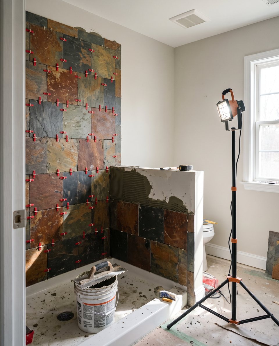 Slate tile being set on a shower wall, part-way up