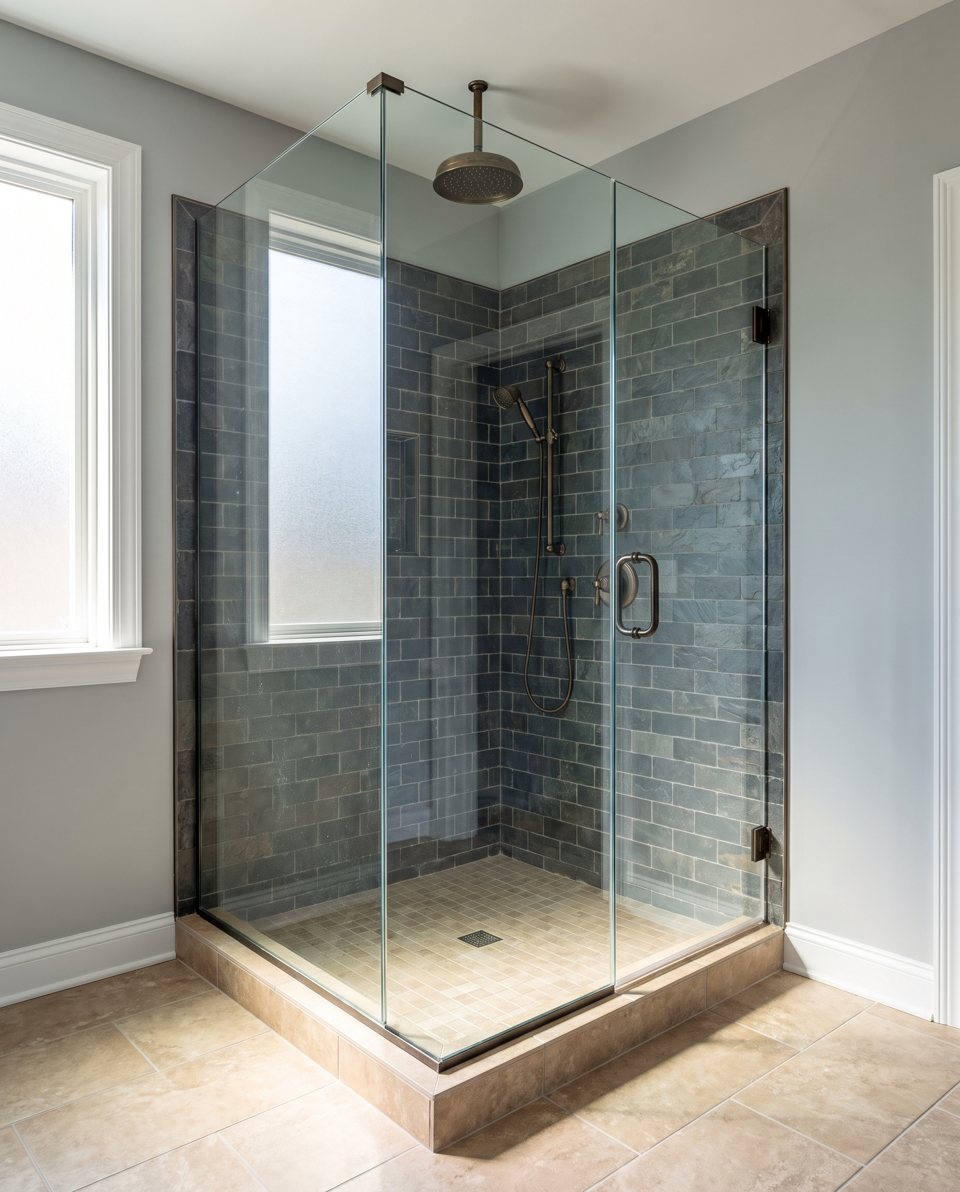 A finished walk-in shower with glass, fixtures and painted walls