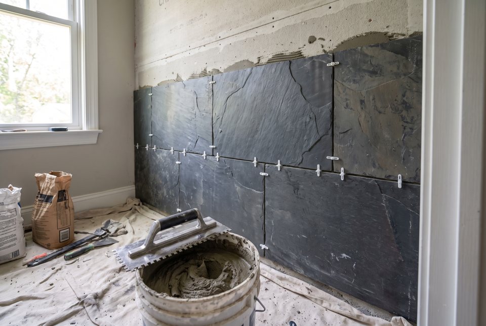 Slate tile being set on a shower wall