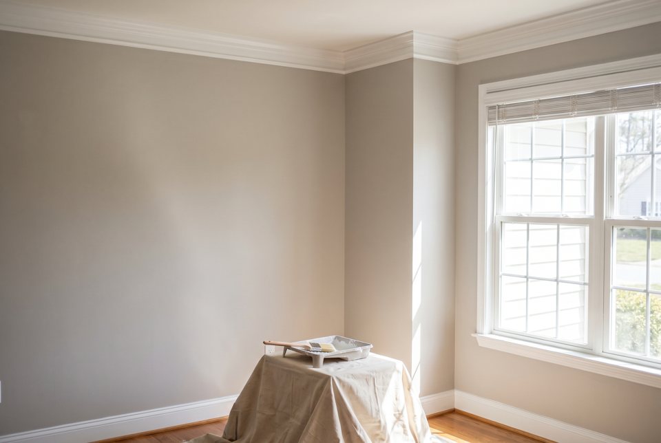 A room part-way through a repaint with the furniture gathered under a drop cloth